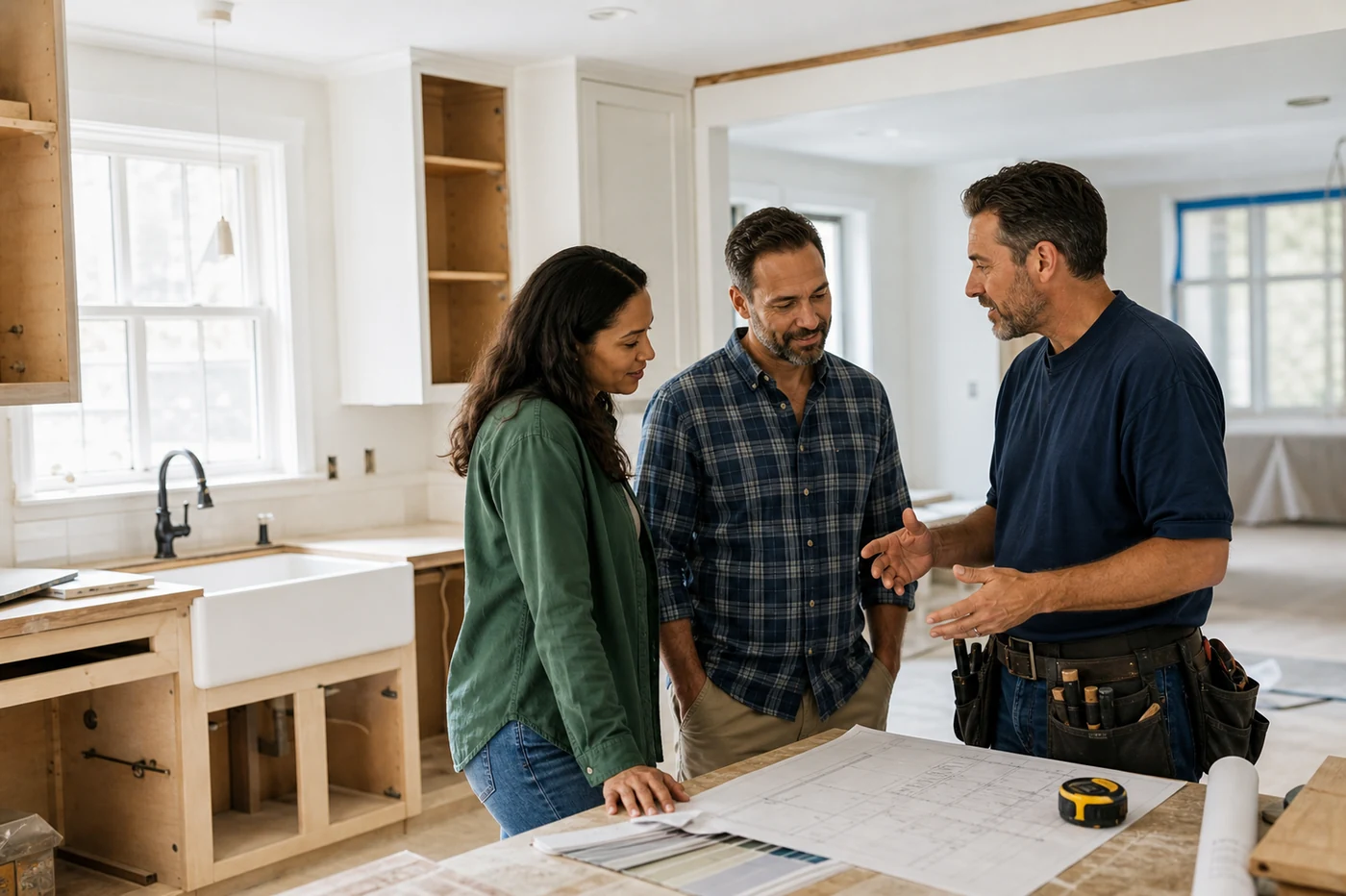 Homeowners reviewing renovation plans with a contractor